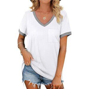 White V-Neck T-Shirt with Gray Trim & Pocket  Short Sleeve Loose Casual Tops